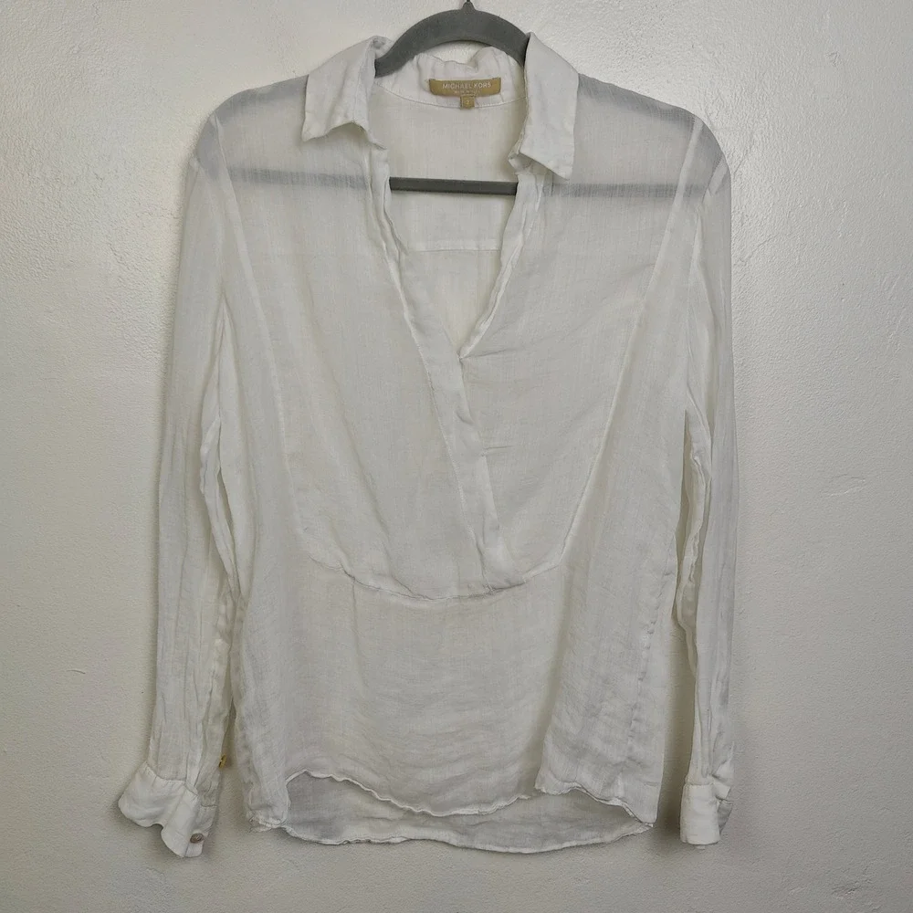 Michael Kors Women Top 2 White Surplice V-Neck Long Sleeve‎ Sheer Ramie Coastal